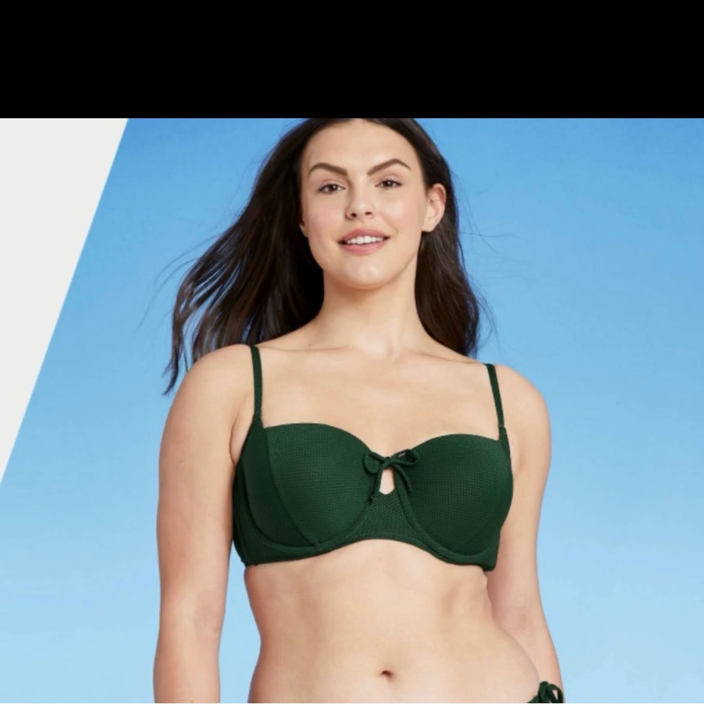 NWT Shade & Shore Dark Green Swim Top Women's 36D Tie Front Keyhole Textured top